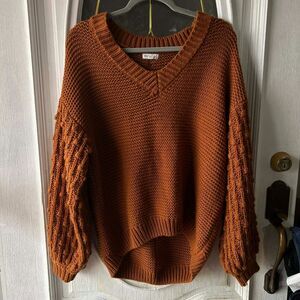 Blu Pepper Chunky Knit Sweater Large Rust Brown Bobble Sleeve Oversized